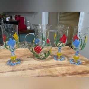 Hand-Painted Tulip Glass Pitcher and Glass Set